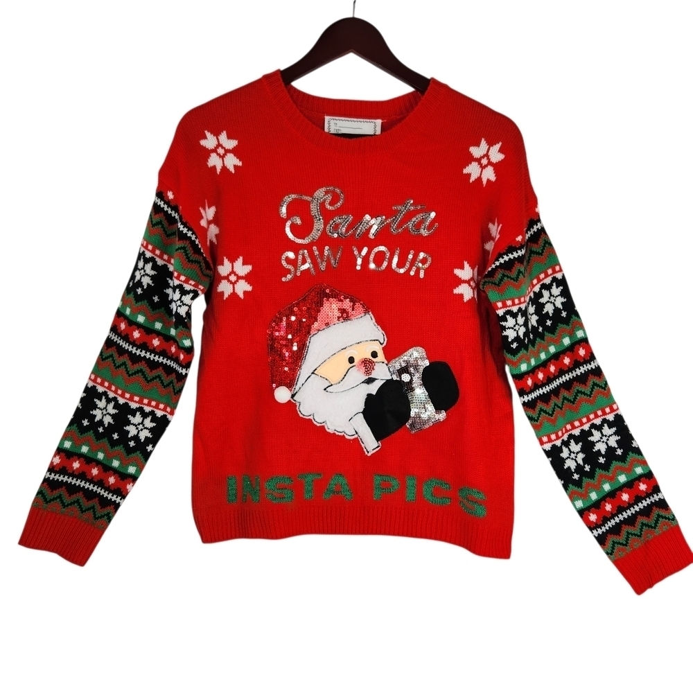 No Boundaries Juniors' Large "Santa Saw Your Insta Pics" Ugly Christmas Sweater